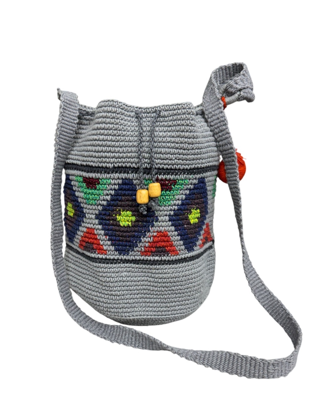 Boho Handwoven Geometric Gray Crossbody Bucket Bag